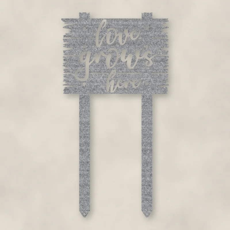 Love Grows Here Metal Sign With Stakes Raw Steel / Rust animated finish preview Shopify Ready.
