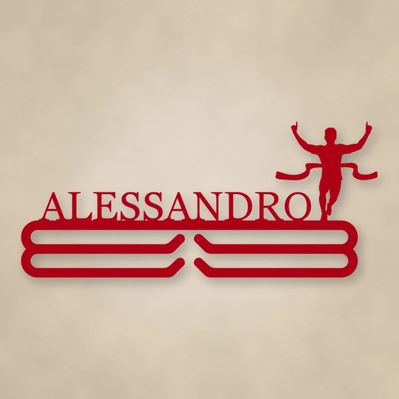 Personalized Male Runner Finish Line Medal Hanger shown in Gloss Red powder coat finish.