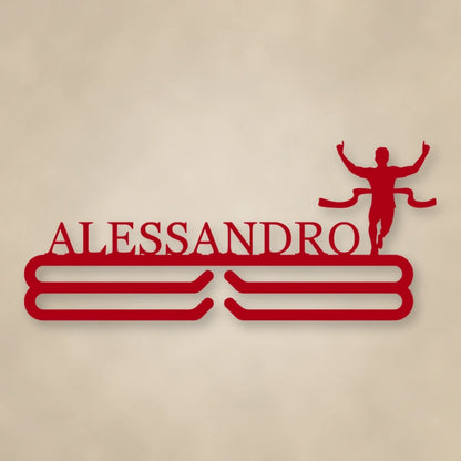 Personalized Male Runner Finish Line Medal Hanger shown in Gloss Red powder coat finish.