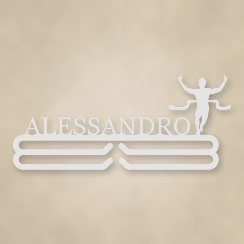 Personalized Male Runner Finish Line Medal Hanger shown in Gloss White powder coat finish.