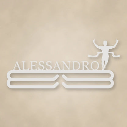 Personalized Male Runner Finish Line Medal Hanger shown in Gloss White powder coat finish.