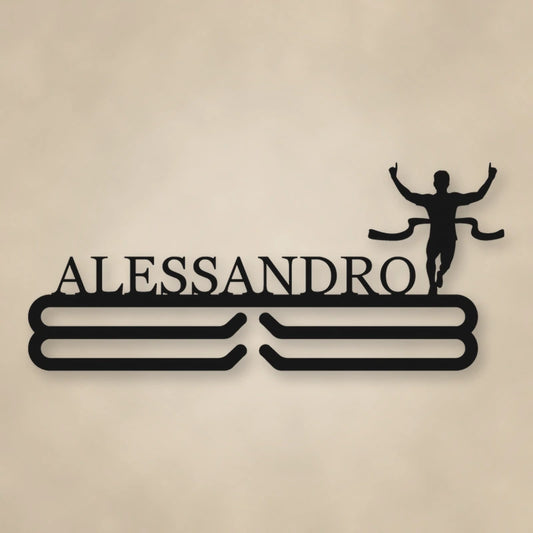 Personalized Male Runner Finish Line Medal Hanger shown in Matte Black powder coat finish.