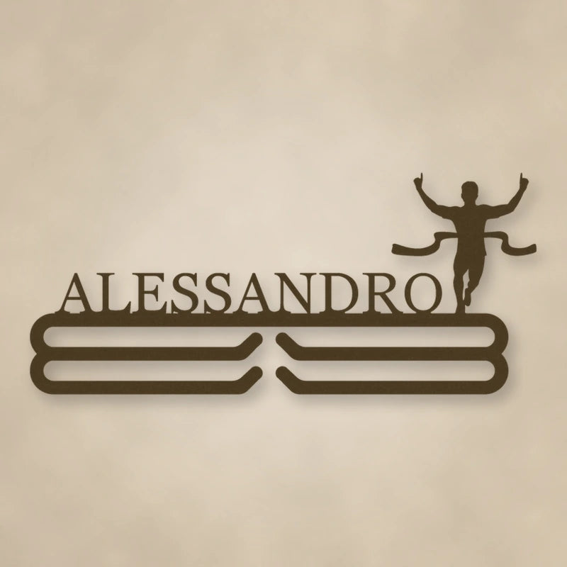 Personalized Male Runner Finish Line Medal Hanger shown in Metallic Bronze powder coat finish.