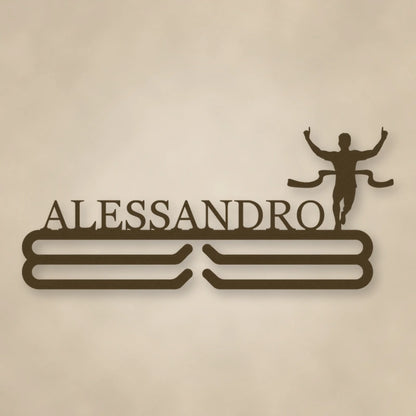 Personalized Male Runner Finish Line Medal Hanger shown in Metallic Bronze powder coat finish.