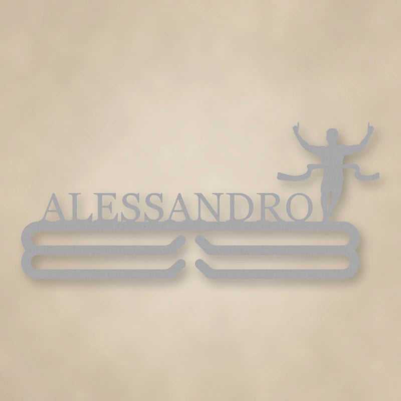 Personalized Male Runner Finish Line Medal Hanger shown in Metallic Silver powder coat finish.