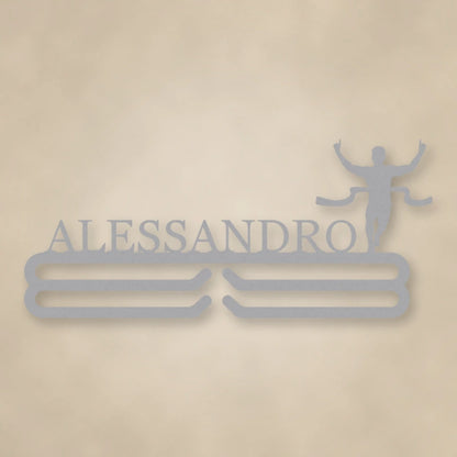 Personalized Male Runner Finish Line Medal Hanger shown in Metallic Silver powder coat finish.