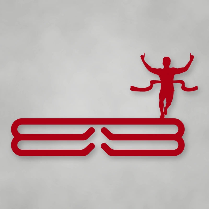 Male Runner Finish Line Medal Rack shown in Gloss Red powder coat finish.