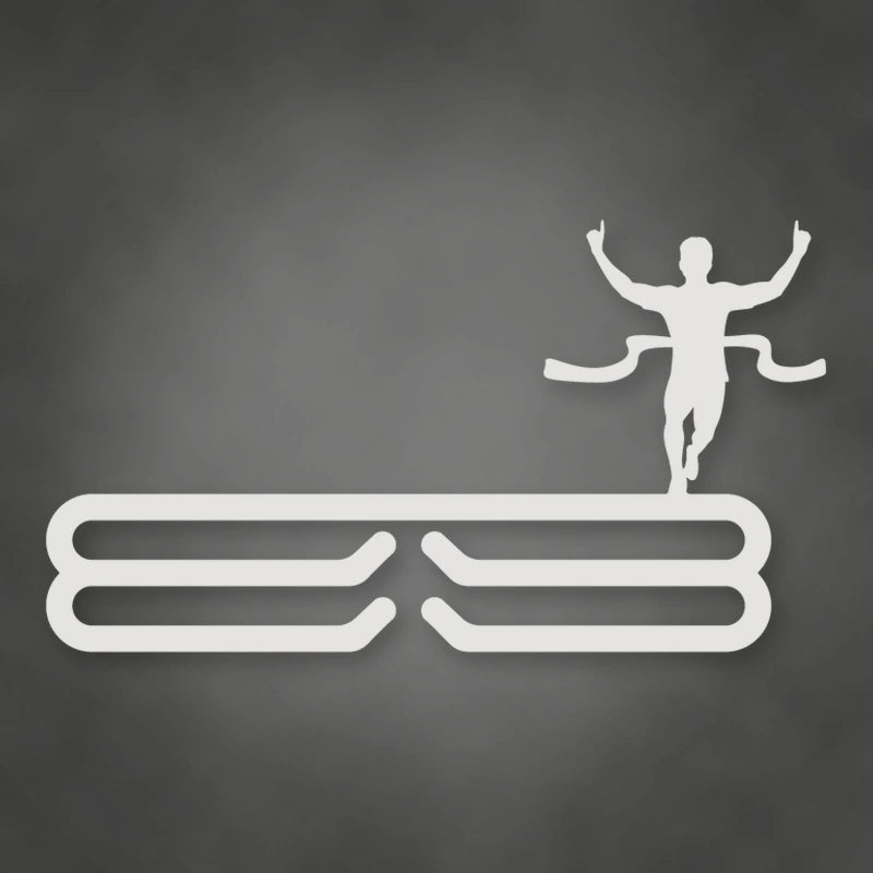 Male Runner Finish Line Medal Rack shown in Gloss White powder coat finish.