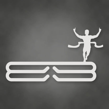 Male Runner Finish Line Medal Rack shown in Gloss White powder coat finish.