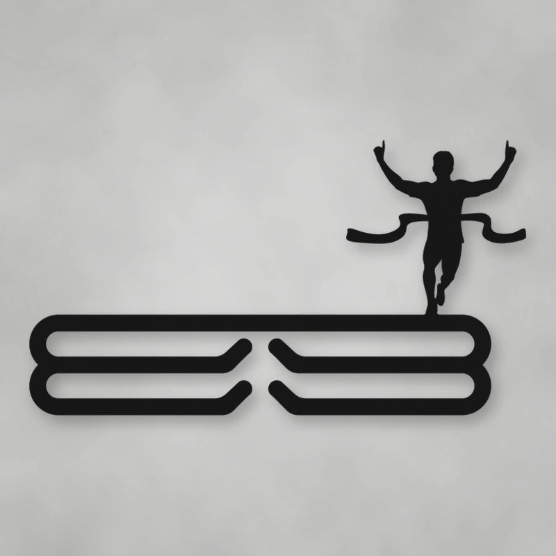 Male Runner Finish Line Medal Rack shown in Matte Black powder coat finish.