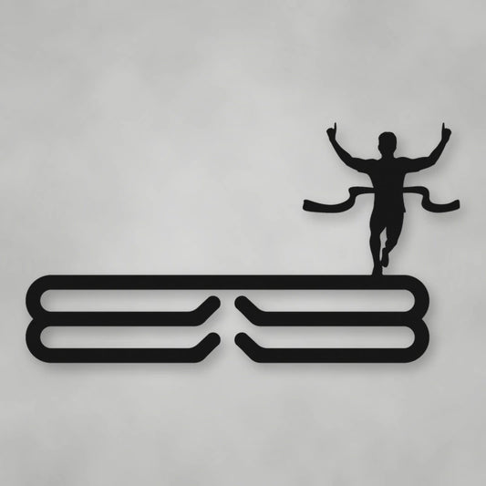 Male Runner Finish Line Medal Rack shown in Matte Black powder coat finish.