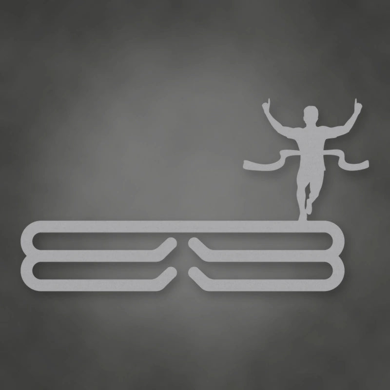 Male Runner Finish Line Medal Rack shown in Metallic Silver powder coat finish.