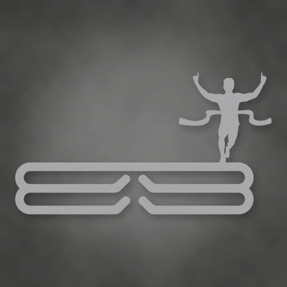 Male Runner Finish Line Medal Rack shown in Metallic Silver powder coat finish.