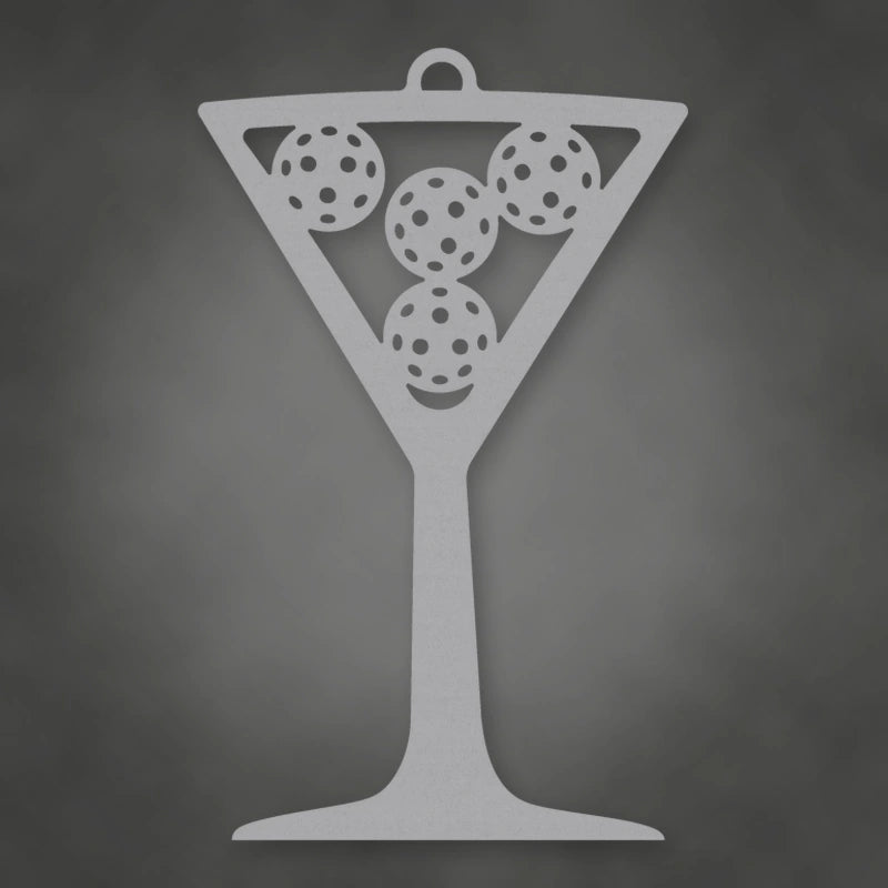 Pickleball Martini Holiday Ornament shown in Metallic Silver powder coat finish.