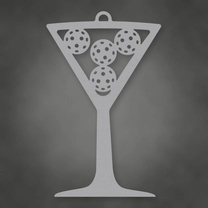 Pickleball Martini Holiday Ornament shown in Metallic Silver powder coat finish.