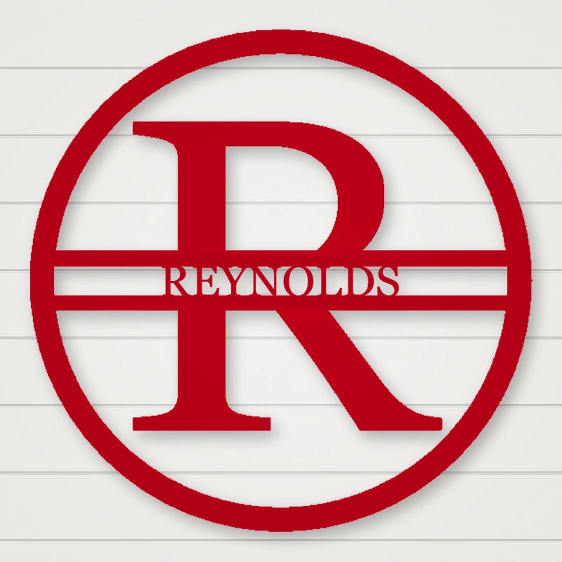 Modern Round Personalized Family Name & Initial Metal Sign shown in Gloss Red powder coat finish.