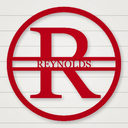 Modern Round Personalized Family Name & Initial Metal Sign shown in Gloss Red powder coat finish.