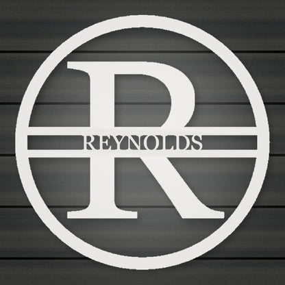 Modern Round Personalized Family Name & Initial Metal Sign shown in Gloss White powder coat finish.