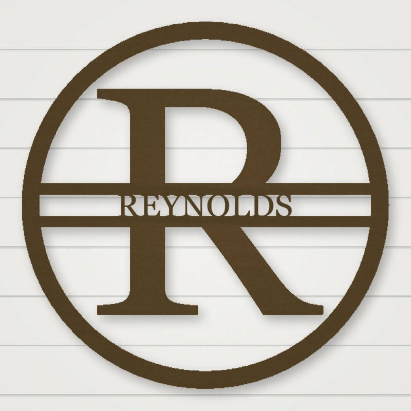 Modern Round Personalized Family Name & Initial Metal Sign shown in Metallic Bronze powder coat finish.