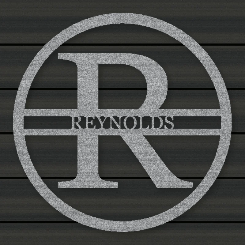 Modern Round Personalized Family Name & Initial Metal Sign Raw Steel / Rust animated finish preview Shopify Ready.