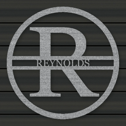 Modern Round Personalized Family Name & Initial Metal Sign Raw Steel / Rust animated finish preview Shopify Ready.