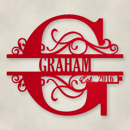 Scroll Monogram Metal Family Name Sign With Established Date shown in Gloss Red powder coat finish.