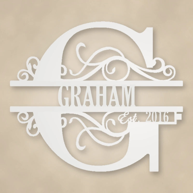 Scroll Monogram Metal Family Name Sign With Established Date shown in Gloss White powder coat finish.