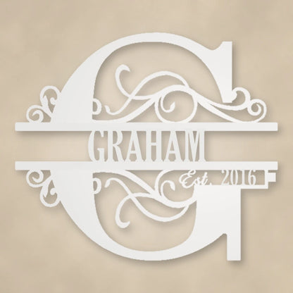Scroll Monogram Metal Family Name Sign With Established Date shown in Gloss White powder coat finish.