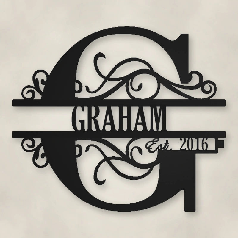 Scroll Monogram Metal Family Name Sign With Established Date shown in Matte Black powder coat finish.
