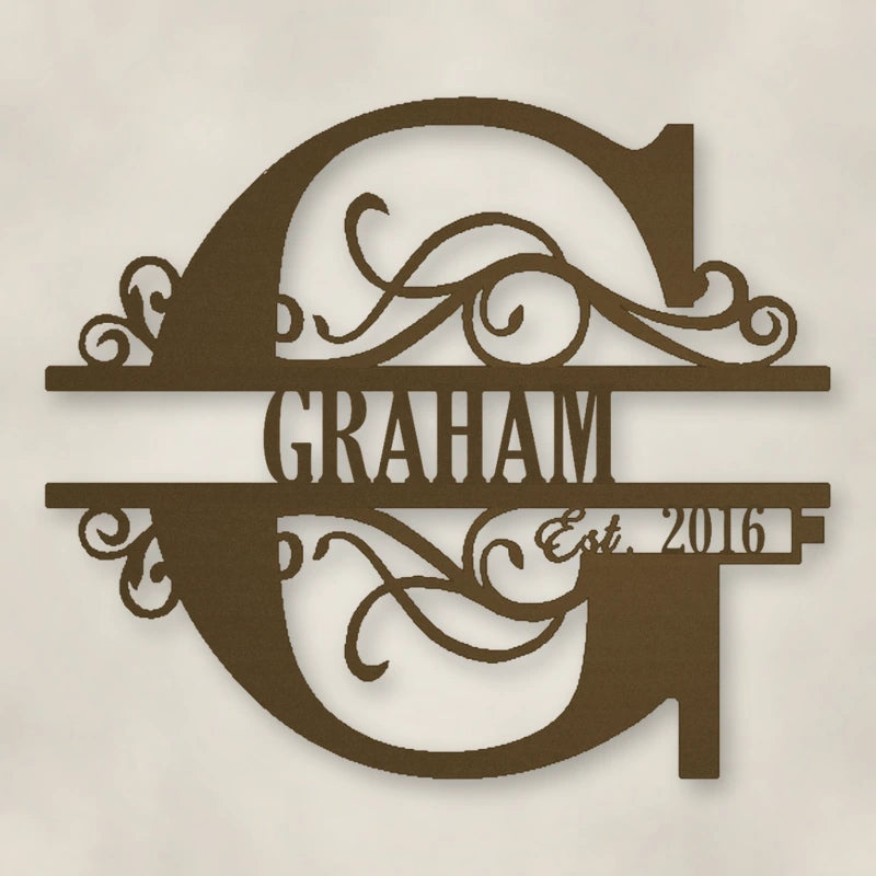 Scroll Monogram Metal Family Name Sign With Established Date shown in Metallic Bronze powder coat finish.