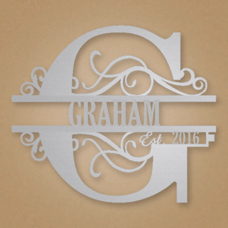 Scroll Monogram Metal Family Name Sign With Established Date shown in Metallic Silver powder coat finish.
