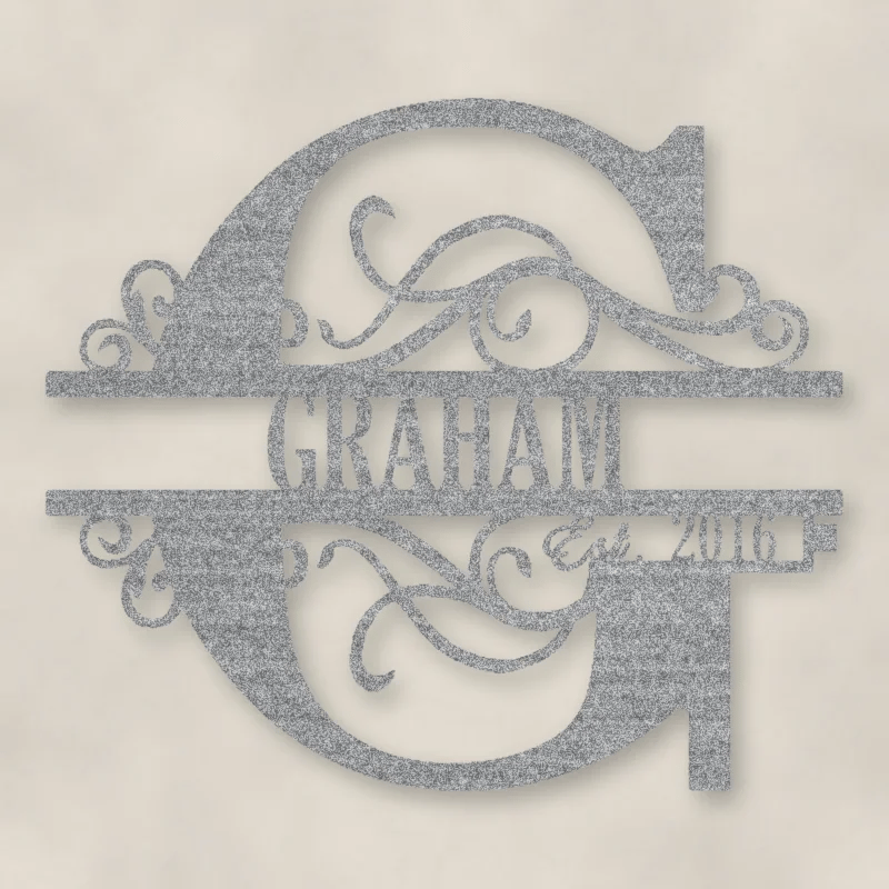 Scroll Monogram Metal Family Name Sign With Established Date Raw Steel / Rust animated finish preview Shopify Ready.