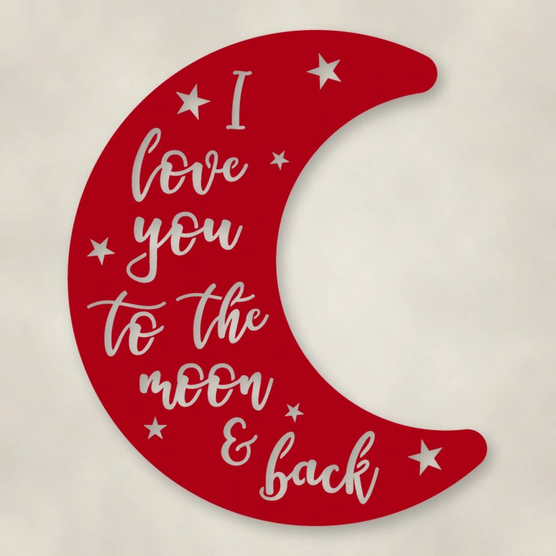 Moon & Back Metal Sign shown in Gloss Red powder coat finish.