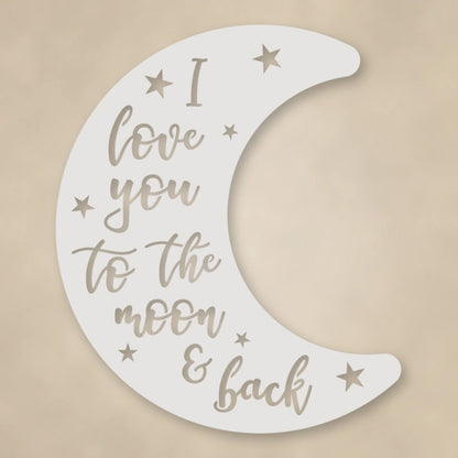 Moon & Back Metal Sign shown in Gloss White powder coat finish.