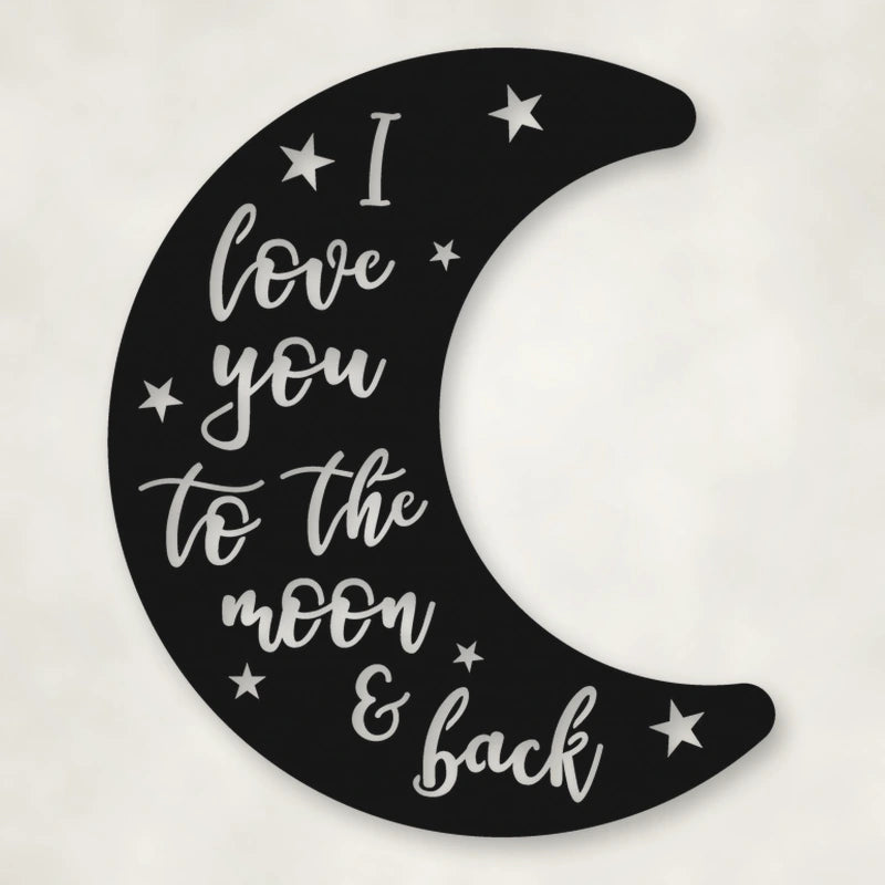 Moon & Back Metal Sign shown in Matte Black powder coat finish.