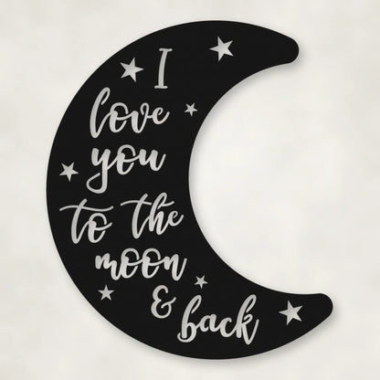 Moon & Back Metal Sign shown in Matte Black powder coat finish.