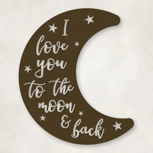 Moon & Back Metal Sign shown in Metallic Bronze powder coat finish.