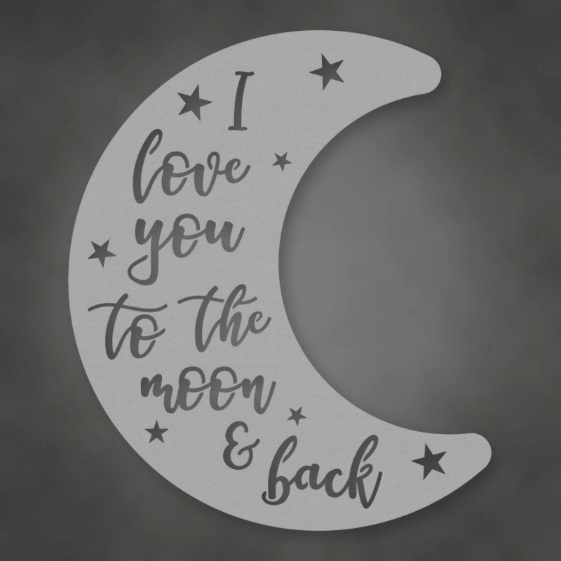 Moon & Back Metal Sign shown in Metallic Silver powder coat finish.