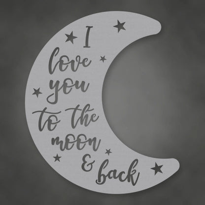 Moon & Back Metal Sign shown in Metallic Silver powder coat finish.