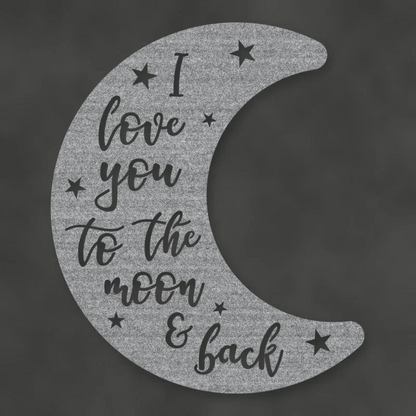 Moon & Back Metal Sign Raw Steel / Rust animated finish preview Shopify Ready.