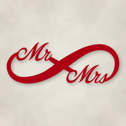 Mr. & Mrs. Infinity Metal Sign shown in Gloss Red powder coat finish.