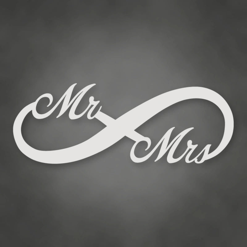 Mr. & Mrs. Infinity Metal Sign shown in Gloss White powder coat finish.