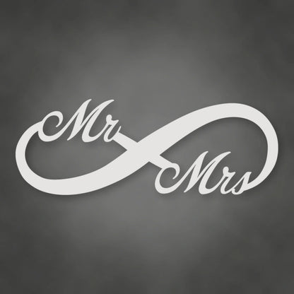Mr. & Mrs. Infinity Metal Sign shown in Gloss White powder coat finish.