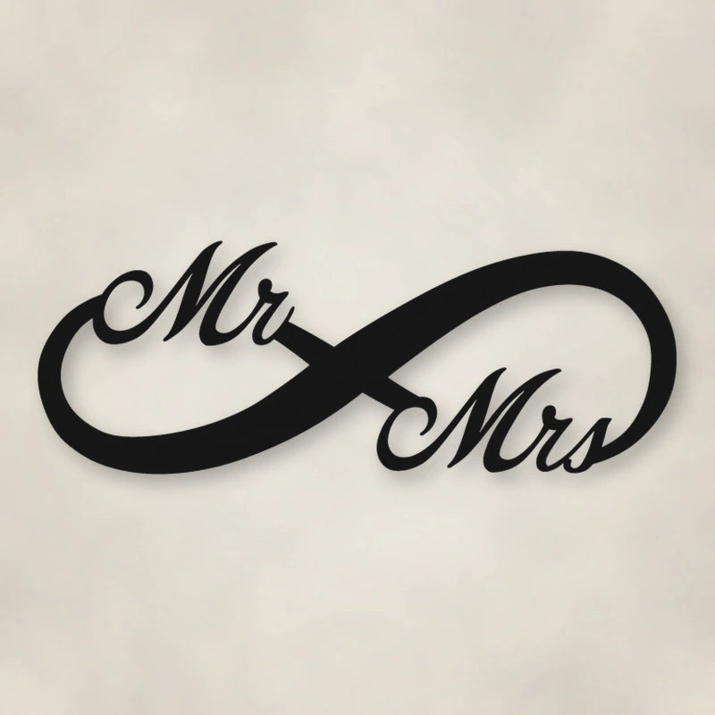 Mr. & Mrs. Infinity Metal Sign shown in Matte Black powder coat finish.