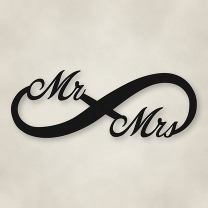 Mr. & Mrs. Infinity Metal Sign shown in Matte Black powder coat finish.