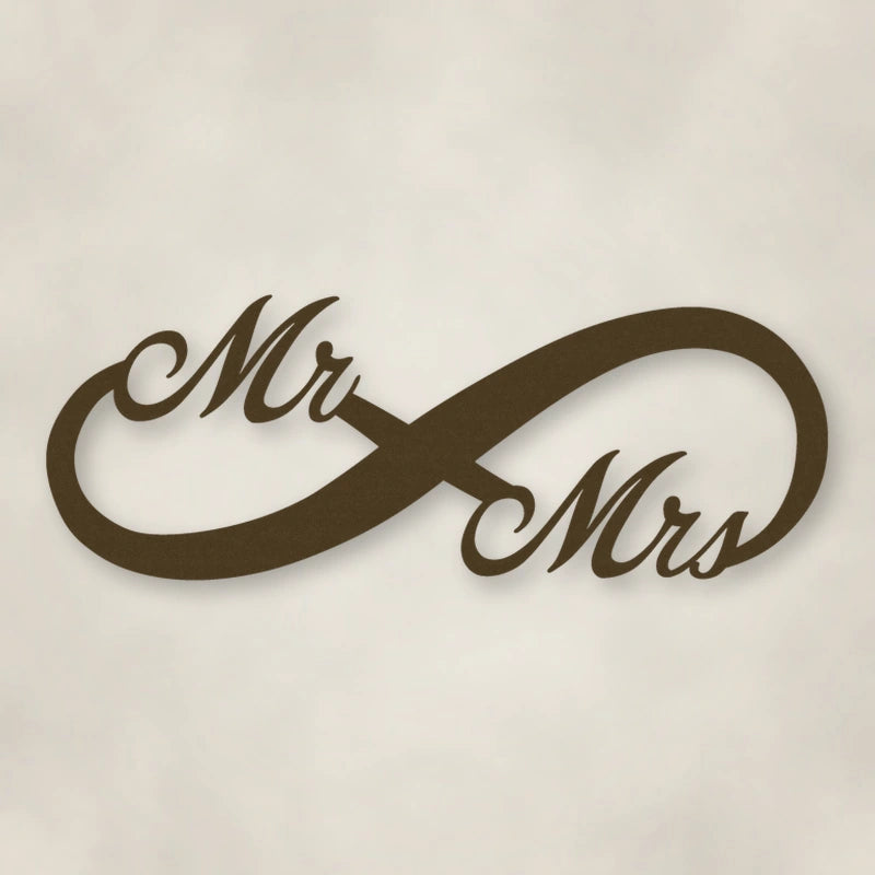 Mr. & Mrs. Infinity Metal Sign shown in Metallic Bronze powder coat finish.