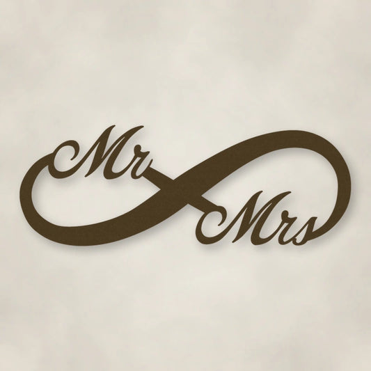 Mr. & Mrs. Infinity Metal Sign shown in Metallic Bronze powder coat finish.