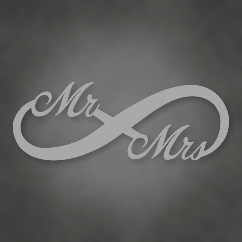 Mr. & Mrs. Infinity Metal Sign shown in Metallic Silver powder coat finish.