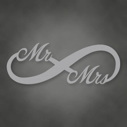 Mr. & Mrs. Infinity Metal Sign shown in Metallic Silver powder coat finish.