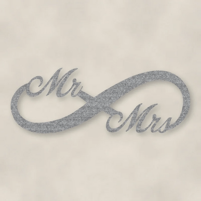 Mr. & Mrs. Infinity Metal Sign Raw Steel / Rust animated finish preview Shopify Ready.